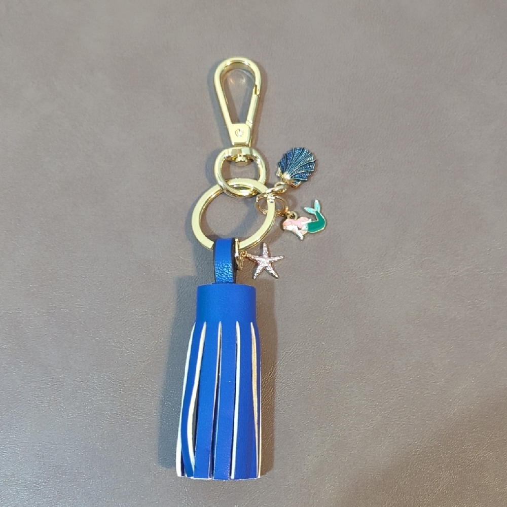 Tassel Purse Charm Clip Keychain Mermaid Seashell Starfish Gold Blue NEW